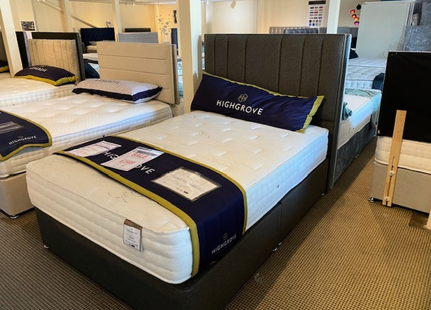 PLAZA DOUBLE MATTRESS-DIVAN BASE AND HEADBOARD DARK GREY £499 (SWANSEA  BED SUPERSTORE)