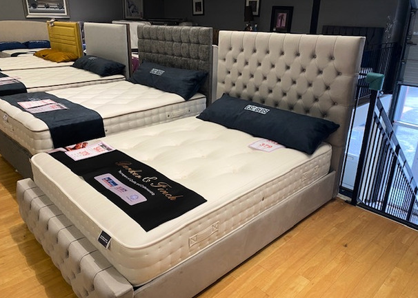 CHESTERFIELD DOUBLE BED FRAME GREY AND SHIRE ORTHOPEDIC MATRRESS 699 ( SWANSEA BED SUPESTORE)