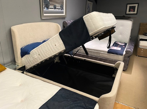 BLAINE DOUBLE OTTOMAN BED FRAME CREAM AND POCKET SPRUNG NATURELLE MATTRESS £799 (SWANSEA BED SUPERSTORE)