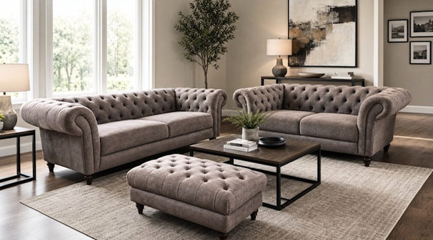 YORK CHESTERFIELD 3 SEATER AND 2 SEATER MINK VELVET £999 (SWANSEA SUPERSTORE)