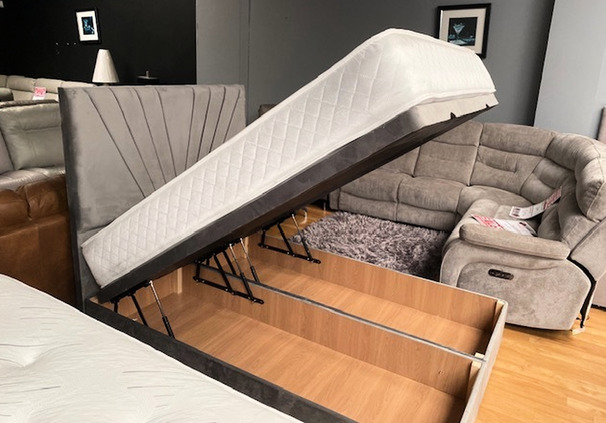 LUXURY DOUBLE OTTOMAN- FLOOR HEADBOARD- ORTHO MATTRESS GREY PLUSH £649 (SWANSEA SUPERTSORE)